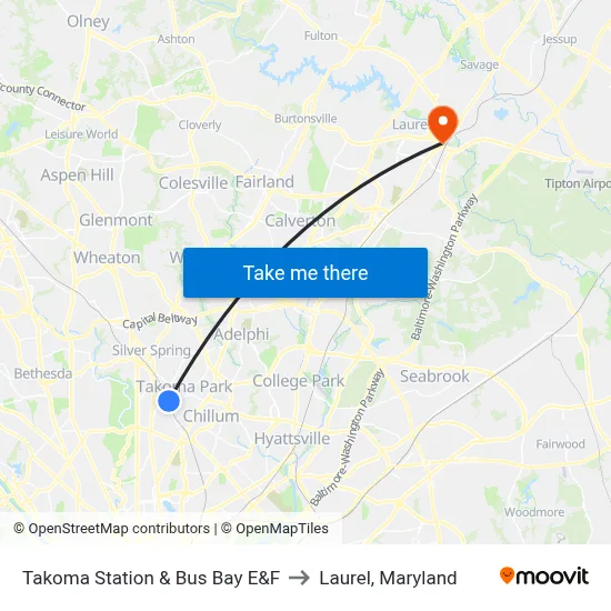 Takoma Station & Bus Bay E&F to Laurel, Maryland map
