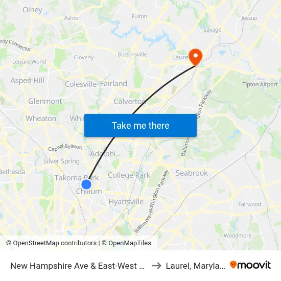 New Hampshire Ave & East-West Hwy to Laurel, Maryland map