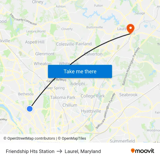 Friendship Hts Station to Laurel, Maryland map
