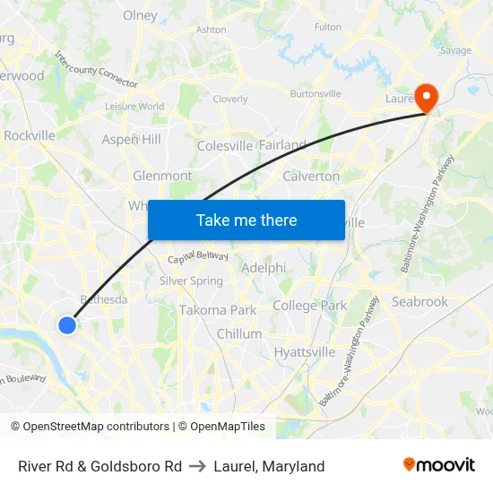 River Rd & Goldsboro Rd to Laurel, Maryland map