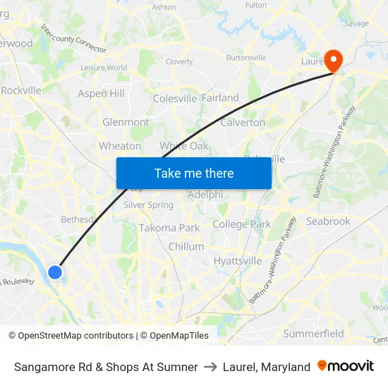 Sangamore Rd & Shops At Sumner to Laurel, Maryland map