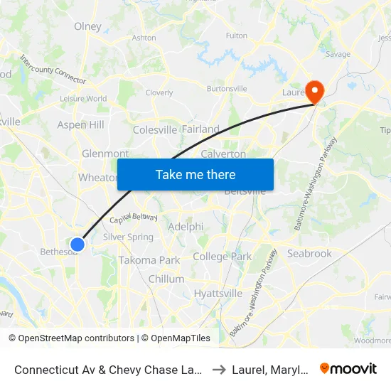 Connecticut Av & Chevy Chase Lake Dr to Laurel, Maryland map
