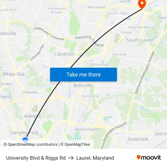 University Blvd & Riggs Rd to Laurel, Maryland map