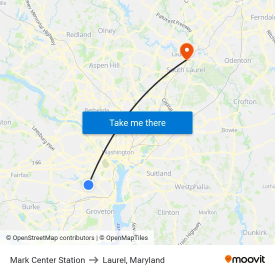 Mark Center Station to Laurel, Maryland map