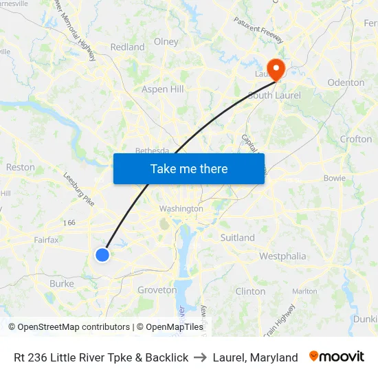 Rt 236 Little River Tpke & Backlick to Laurel, Maryland map