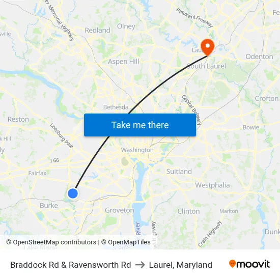 Braddock Rd & Ravensworth Rd to Laurel, Maryland map