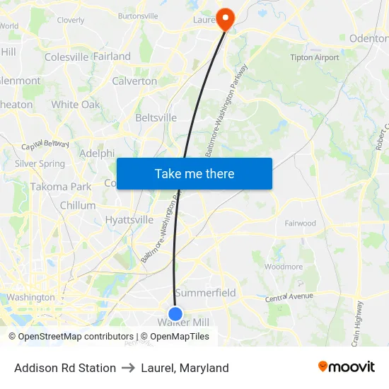 Addison Rd Station to Laurel, Maryland map