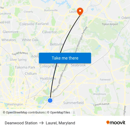 Deanwood Station to Laurel, Maryland map