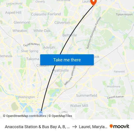 Anacostia Station & Bus Bay A, B, C, D to Laurel, Maryland map