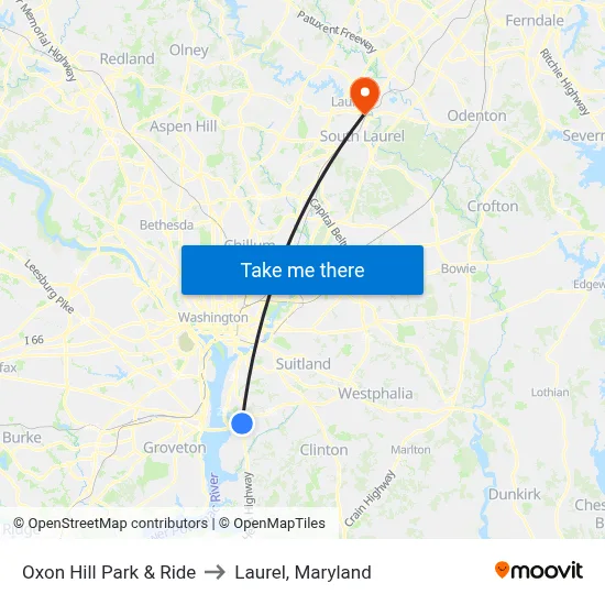 Oxon Hill Park & Ride to Laurel, Maryland map