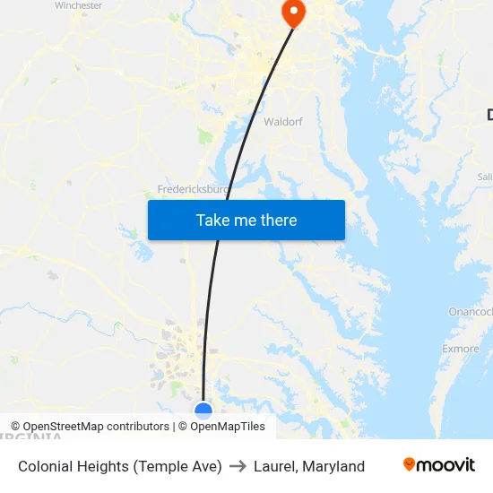 Colonial Heights (Temple Ave) to Laurel, Maryland map