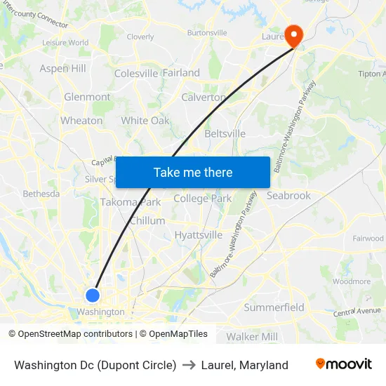 Washington Dc (Dupont Circle) to Laurel, Maryland map