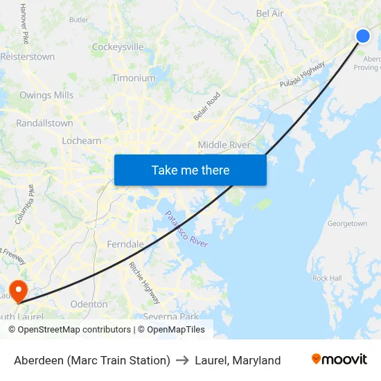 Aberdeen (Marc Train Station) to Laurel, Maryland map