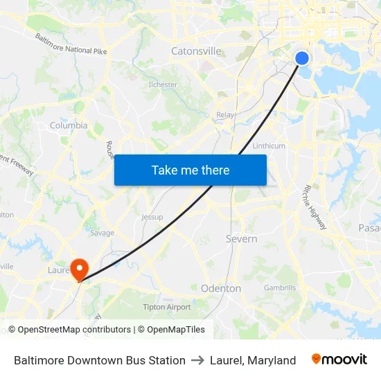 Baltimore Downtown Bus Station to Laurel, Maryland map