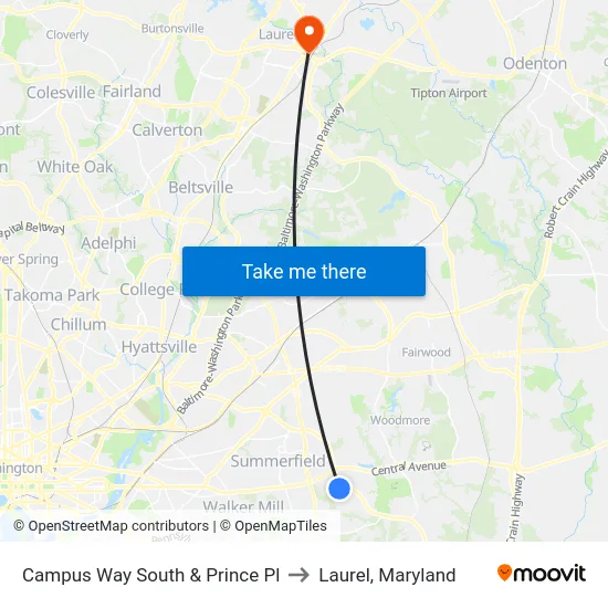 Campus Way South & Prince Pl to Laurel, Maryland map