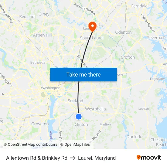 Allentown Rd & Brinkley Rd to Laurel, Maryland map