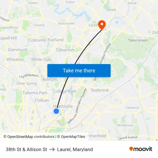 38th St & Allison St to Laurel, Maryland map