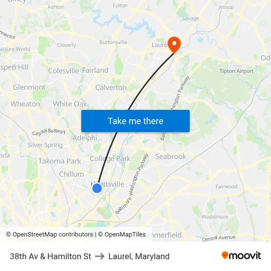 38th Av & Hamilton St to Laurel, Maryland map
