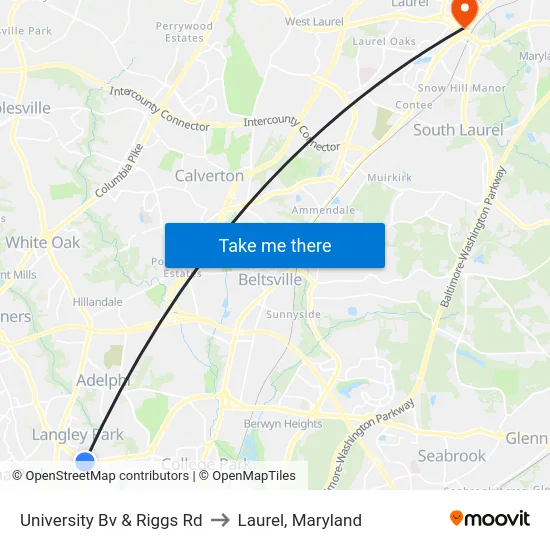 University Bv & Riggs Rd to Laurel, Maryland map