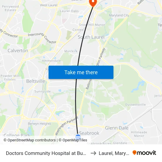 Doctors Community Hospital at Bus Shelter to Laurel, Maryland map