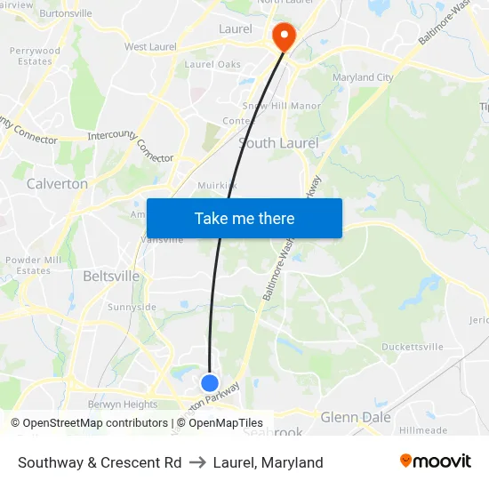 Southway & Crescent Rd to Laurel, Maryland map