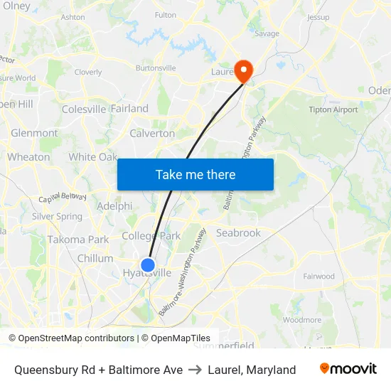 Queensbury Rd + Baltimore Ave to Laurel, Maryland map