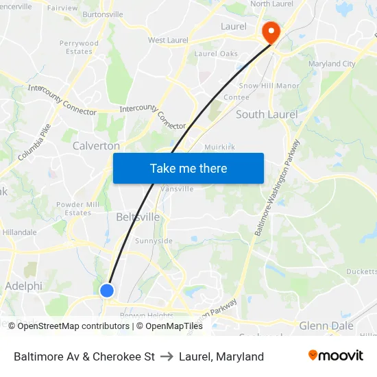 Baltimore Av & Cherokee St to Laurel, Maryland map