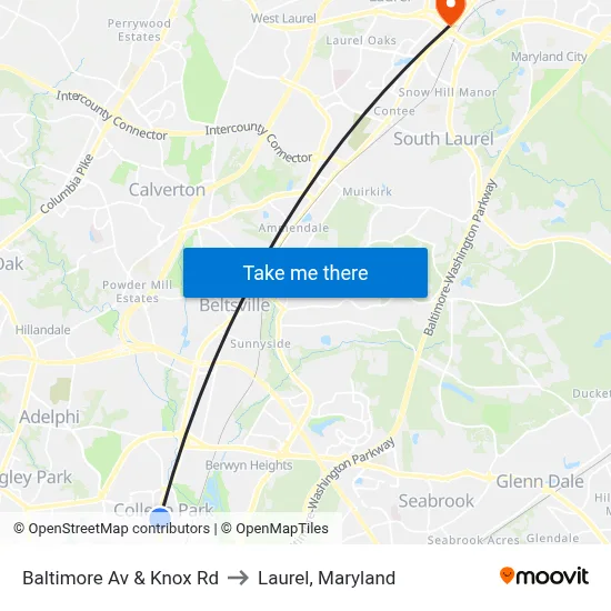 Baltimore Av & Knox Rd to Laurel, Maryland map