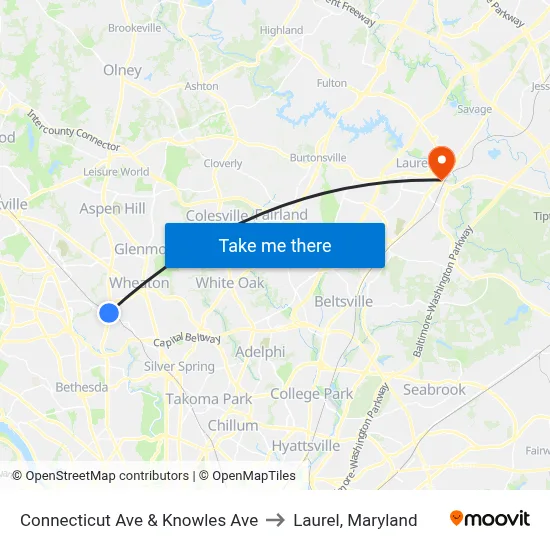 Connecticut Ave & Knowles Ave to Laurel, Maryland map