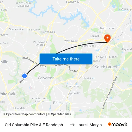 Old Columbia Pike & E Randolph Rd to Laurel, Maryland map