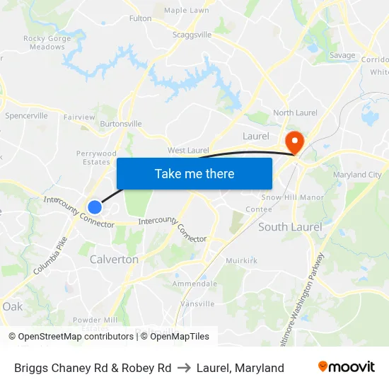Briggs Chaney Rd & Robey Rd to Laurel, Maryland map