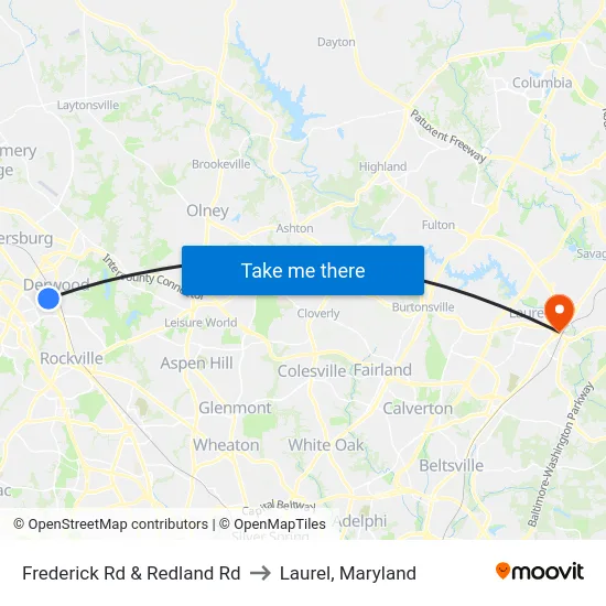 Frederick Rd & Redland  Rd to Laurel, Maryland map