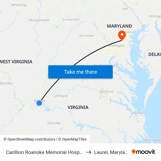 Carillion Roanoke Memorial Hospital to Laurel, Maryland map