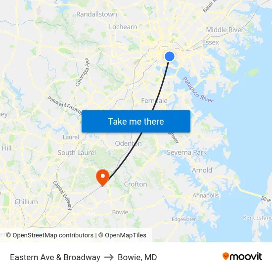 Eastern Ave & Broadway to Bowie, MD map