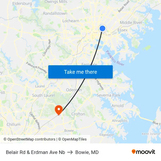 Belair Rd & Erdman Ave Nb to Bowie, MD map