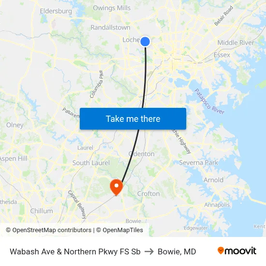 Wabash Ave & Northern Pkwy FS Sb to Bowie, MD map