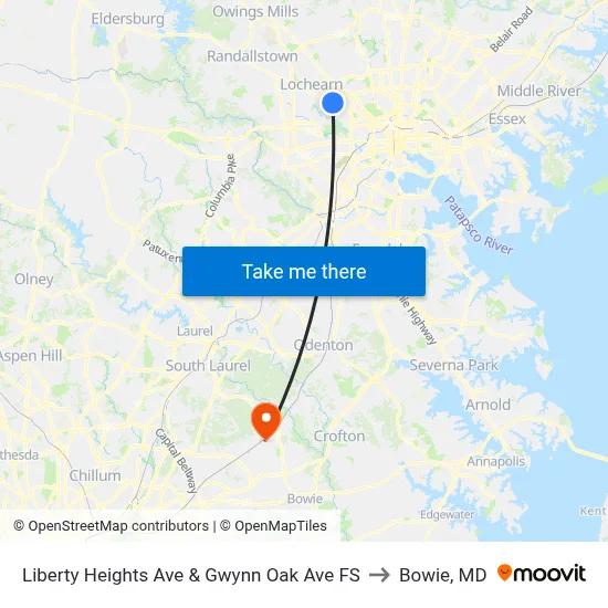 Liberty Heights Ave & Gwynn Oak Ave FS to Bowie, MD map