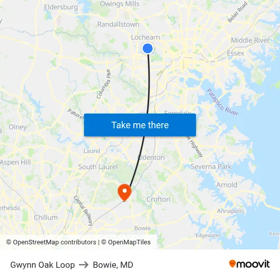 Gwynn Oak Loop to Bowie, MD map