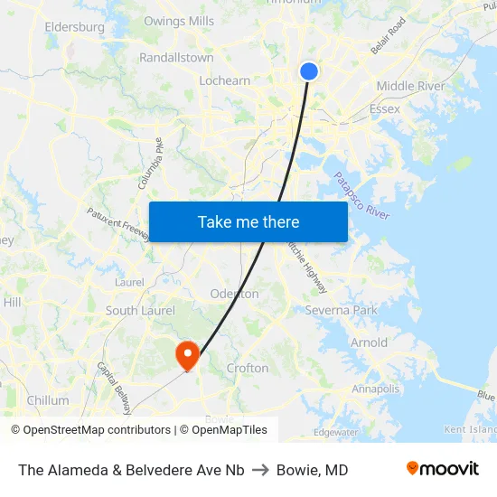 The Alameda & Belvedere Ave Nb to Bowie, MD map