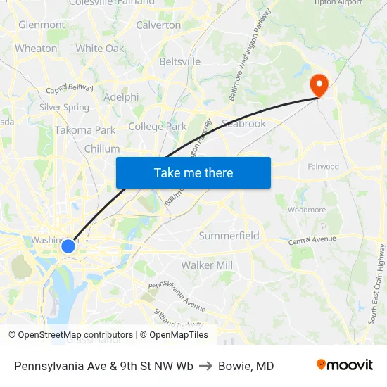 Pennsylvania Ave & 9th St NW Wb to Bowie, MD map
