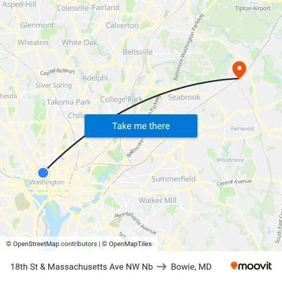 18th St & Massachusetts Ave NW Nb to Bowie, MD map