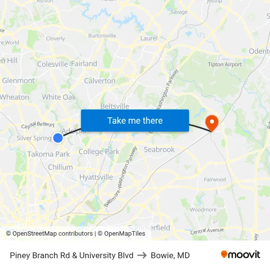 Piney Branch Rd & University Blvd to Bowie, MD map