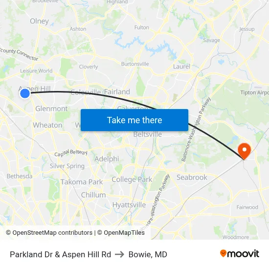 Parkland Dr & Aspen Hill Rd to Bowie, MD map