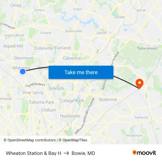 Wheaton Station & Bay H to Bowie, MD map