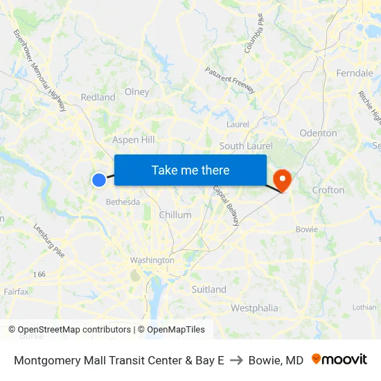 Montgomery Mall Transit Center & Bay E to Bowie, MD map
