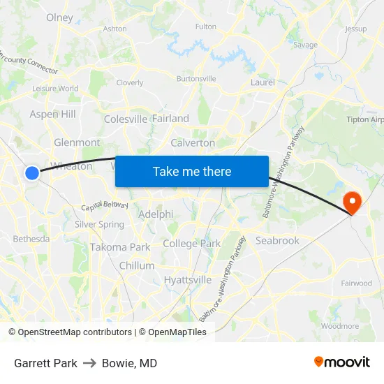Garrett Park to Bowie, MD map