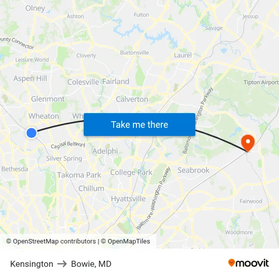Kensington to Bowie, MD map