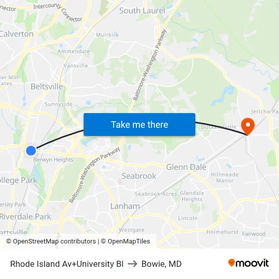 Rhode Island Av+University Bl to Bowie, MD map