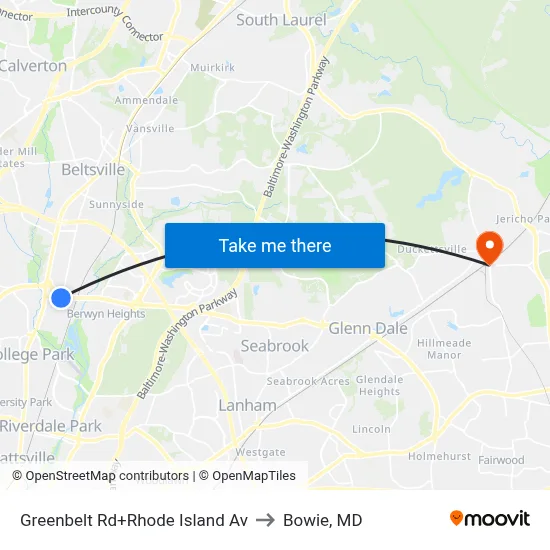 Greenbelt Rd+Rhode Island Av to Bowie, MD map