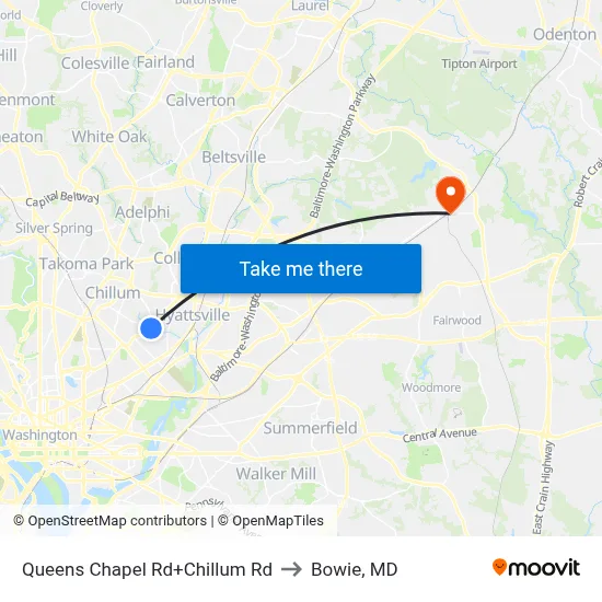 Queens Chapel Rd+Chillum Rd to Bowie, MD map
